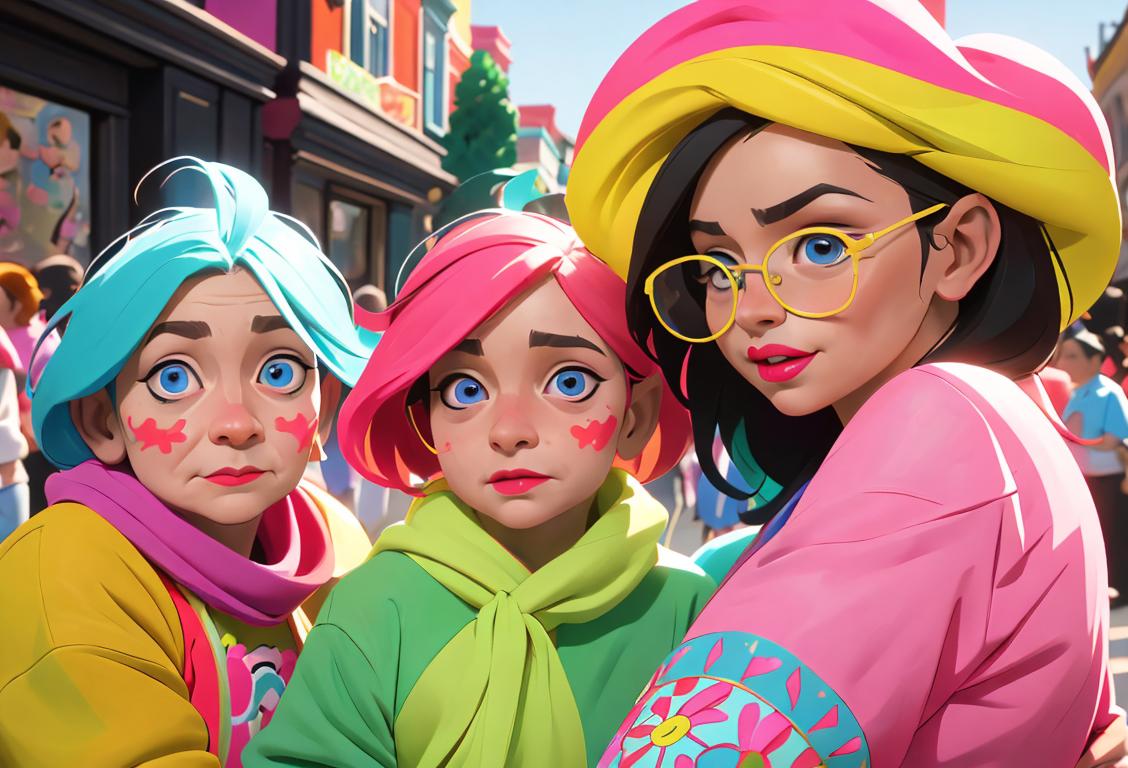 Vibrant, colorful street parade with people of all ages wearing costumes in a variety of bold shades and whimsical patterns, celebrating National Colour Day..