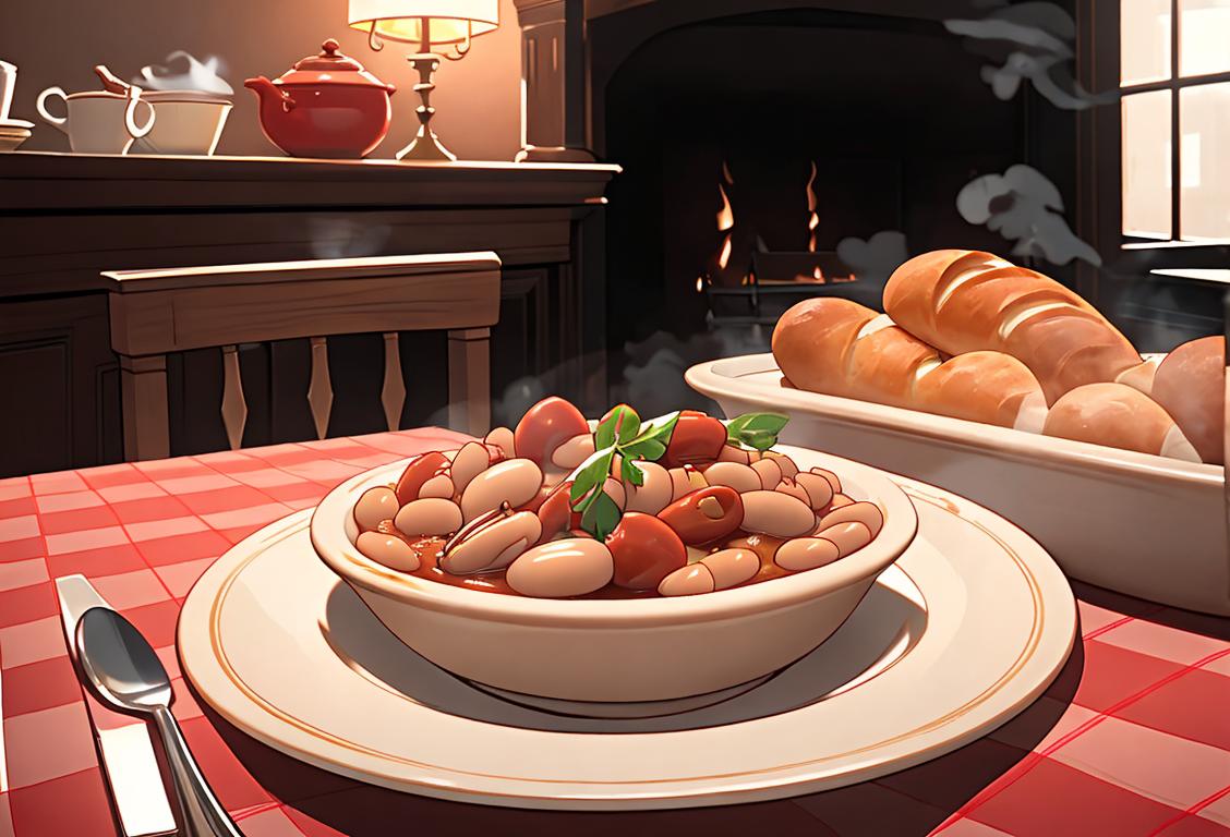 A cozy French bistro scene with a steaming cassoulet dish, a baguette, and a red-checkered tablecloth set for a delightful food celebration..