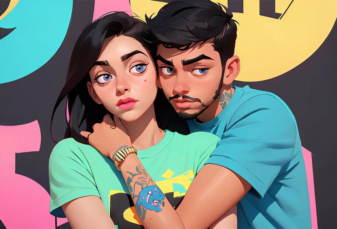 Young woman and man hugging, wearing matching t-shirts with Zouis logo, trendy street fashion, vibrant urban backdrop..