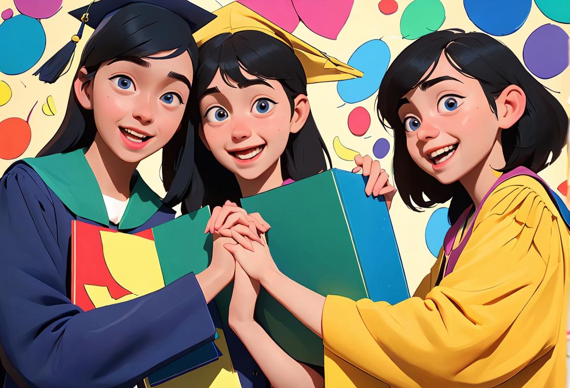 Happy students with diverse abilities holding hands and wearing graduation caps, surrounded by colorful educational materials and a positive learning environment..