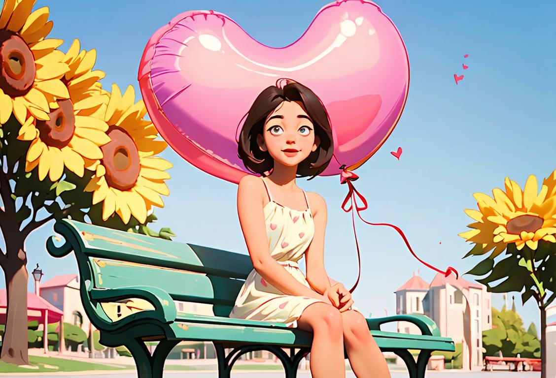 Young woman wearing a cute sundress, sitting on a park bench with a heart-shaped balloon, sunny picnic atmosphere..