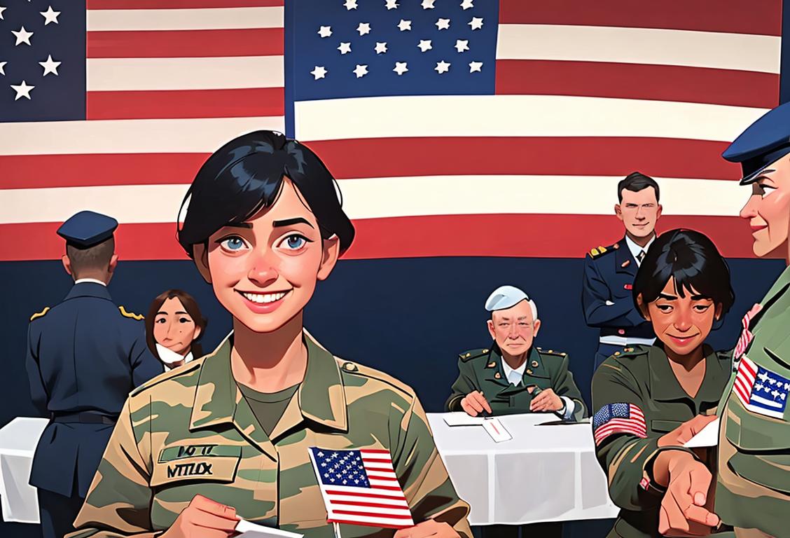 National Guard members in uniform helping at polling locations with American flag backdrop, diverse group, friendly smiles, voting booths in the background..