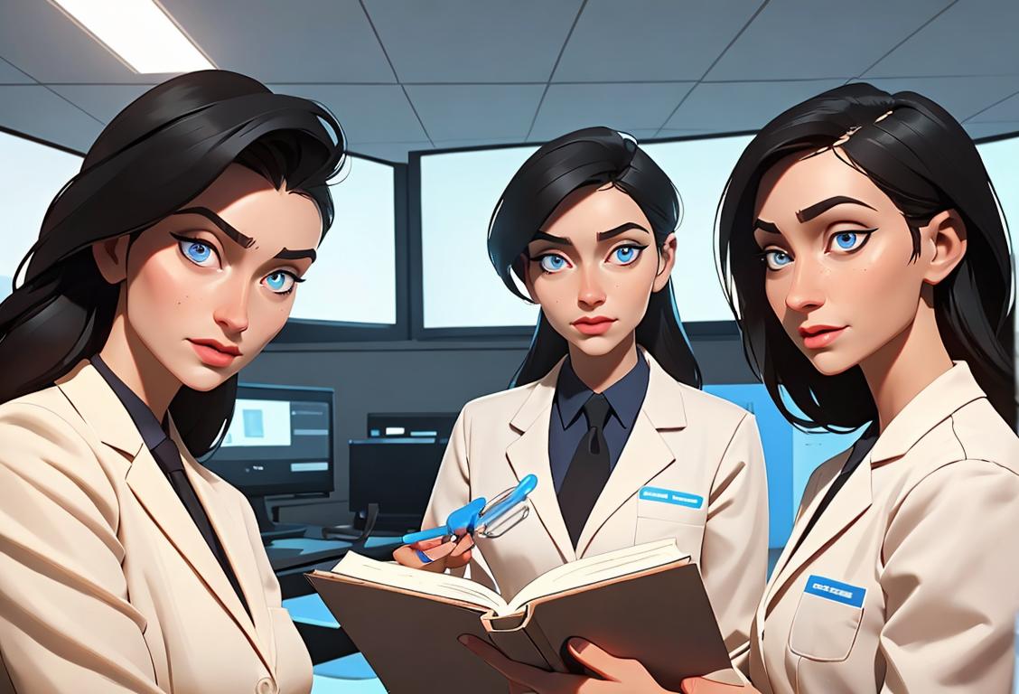 A diverse group of people in professional attire, reading DNA sequences in a modern genetics laboratory..