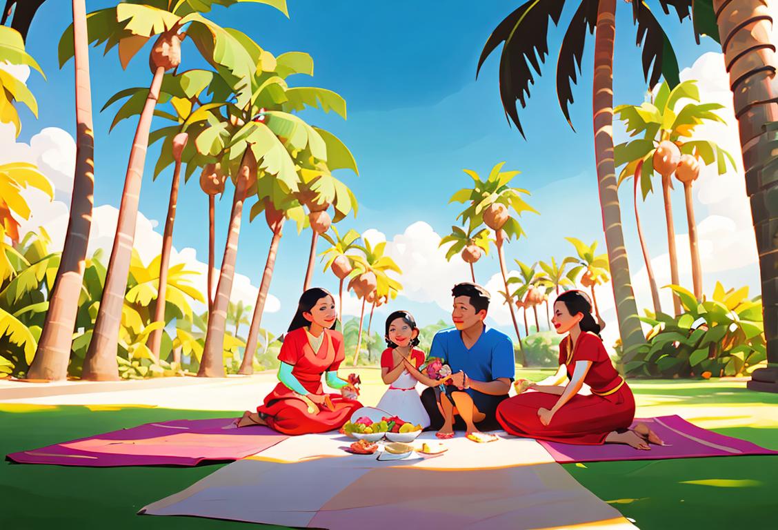 Happy family wearing traditional Filipino clothing, enjoying a picnic in a beautiful tropical setting, surrounded by palm trees..