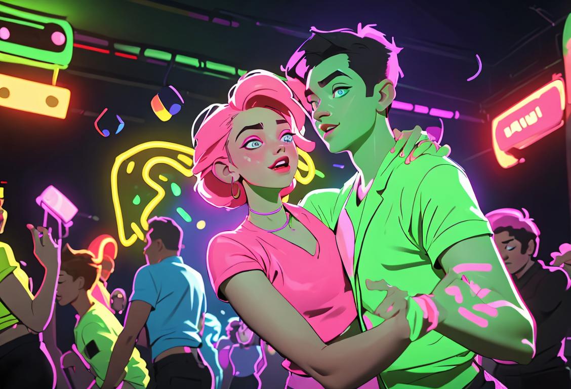 Young party-goers dancing to upbeat music, wearing neon clothing, vibrant disco scene with pulsating lights..