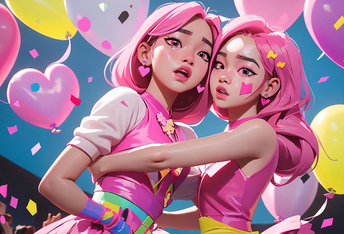 Young fans in colorful K-pop inspired outfits dancing joyfully to Blackpink's music, surrounded by heart-shaped balloons and confetti..
