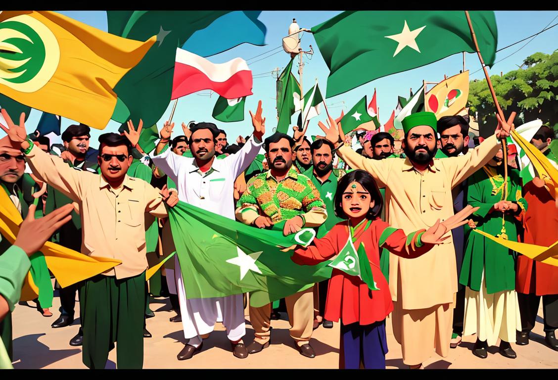 A group of people dressed in traditional Pakistani clothing, waving flags, surrounded by colorful decorations and enjoying a festive atmosphere in Karachi..