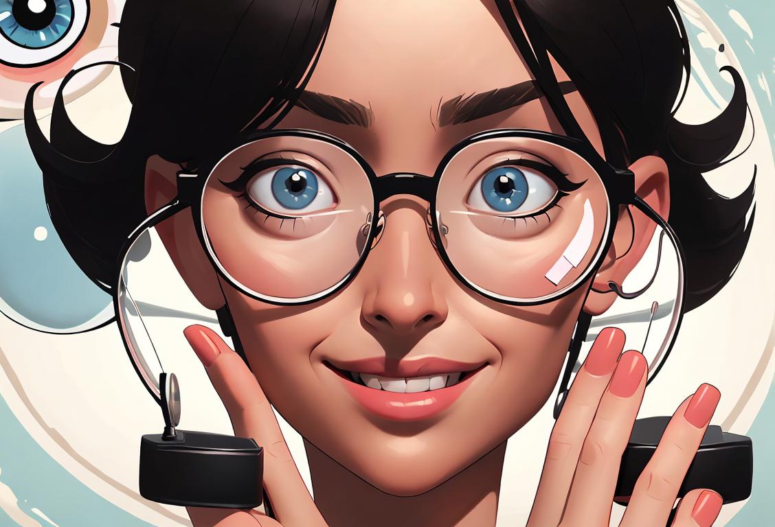 A happy person wearing glasses, holding an eye chart, surrounded by eye care equipment and a serene background..