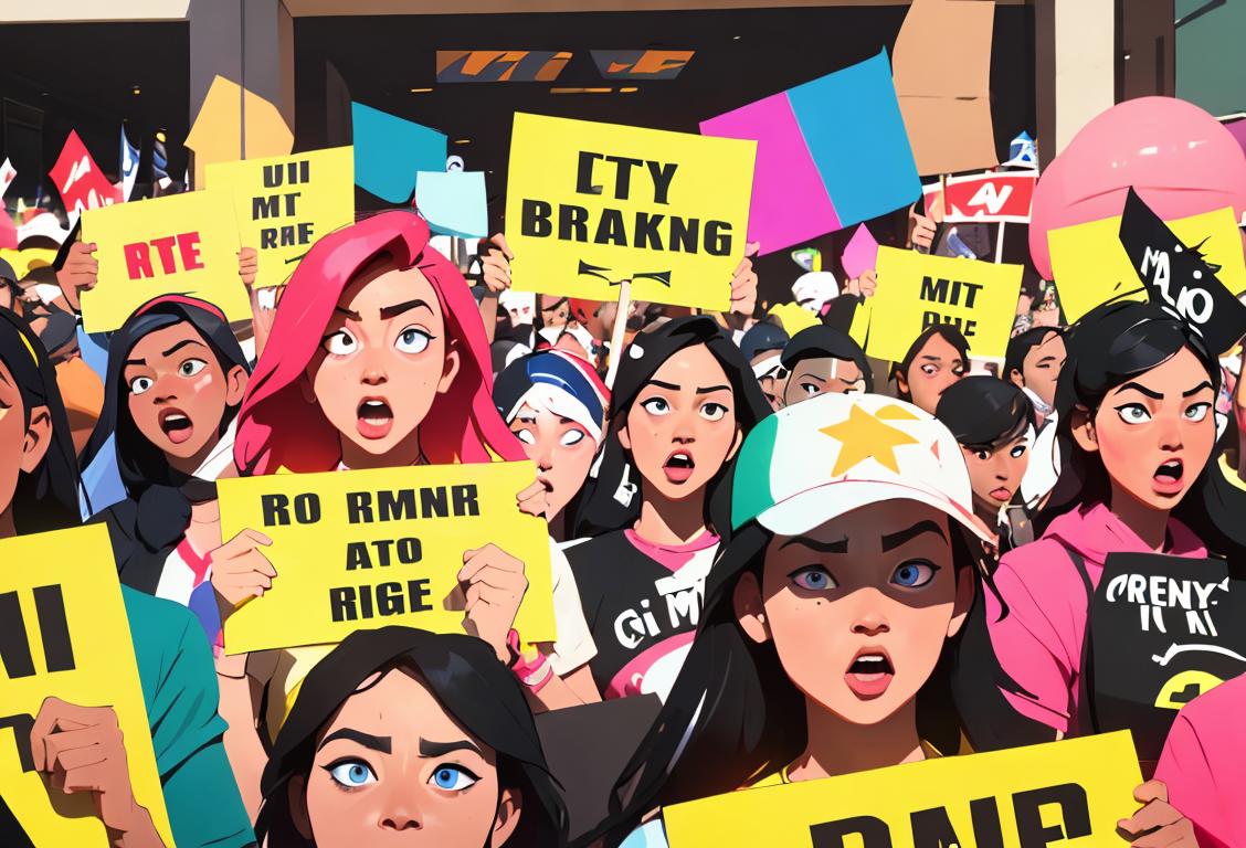 Group of diverse rally participants holding colorful signs and wearing protest-themed clothing, showcasing a vibrant and energetic atmosphere..