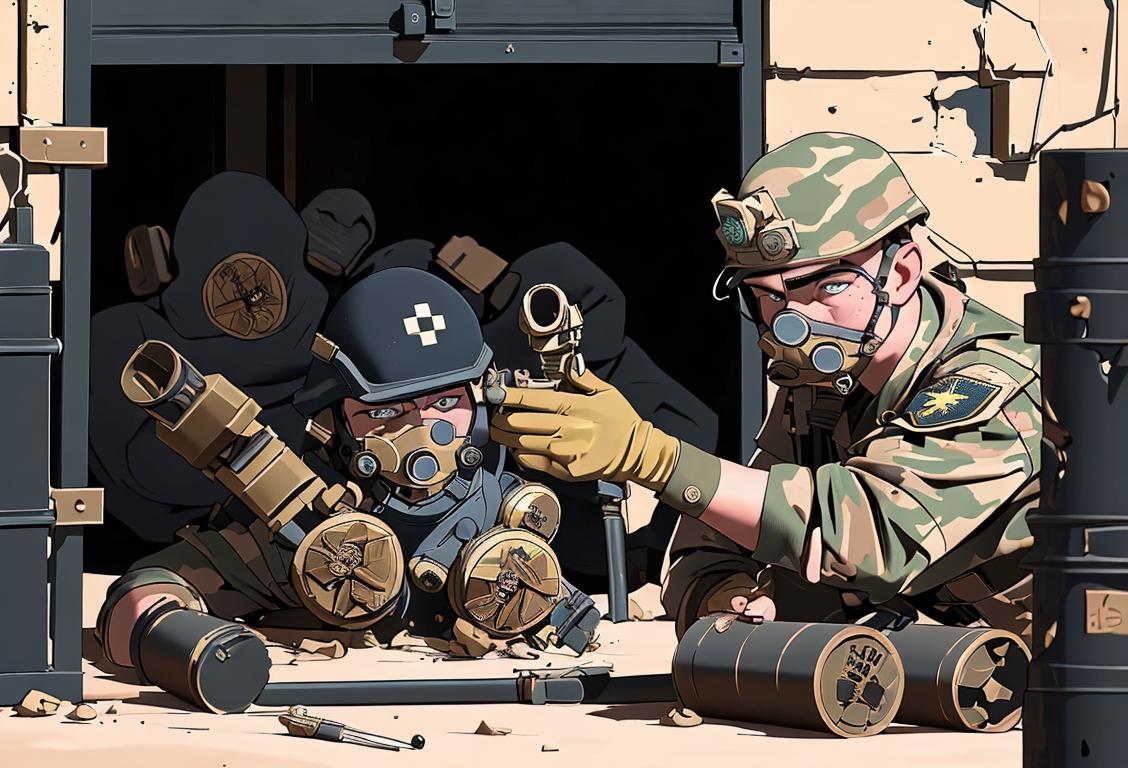 Brave technician in a protective suit with EOD emblem, examining dangerous explosive ordnance in a secure facility. Military equipment and supportive team in background..