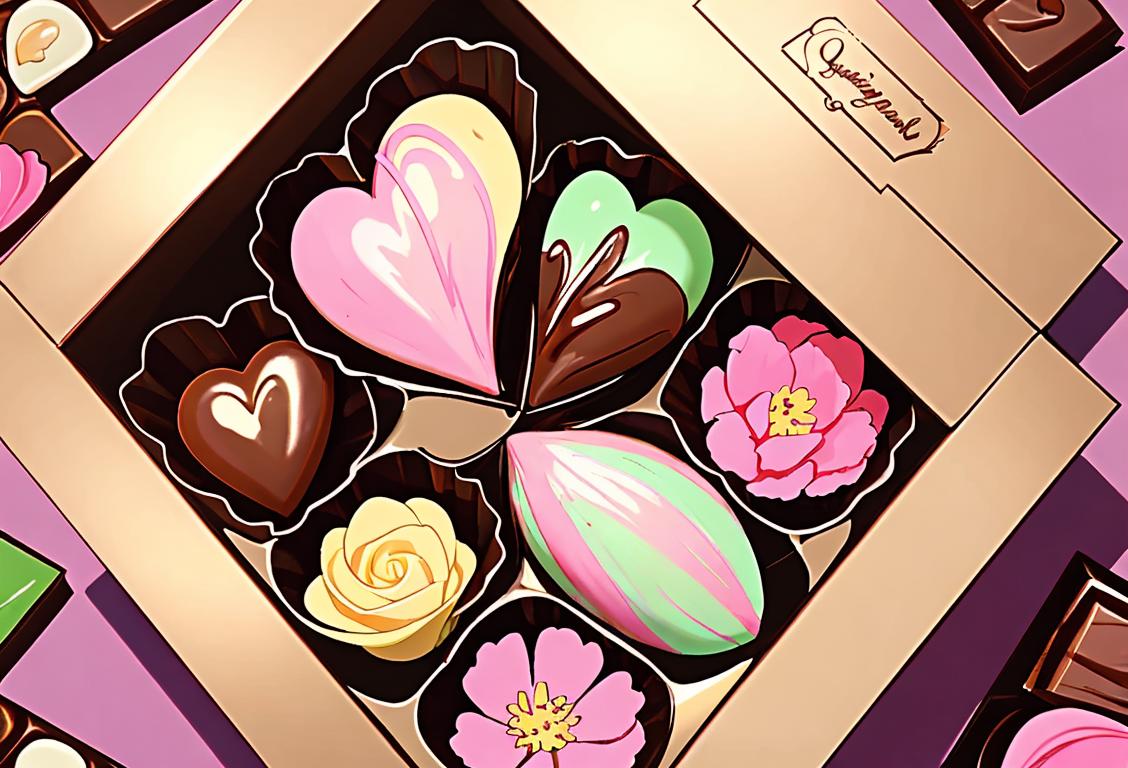 A joyful person unwrapping a beautifully decorated box of chocolates, surrounded by colorful flowers, dressed in casual elegant attire..