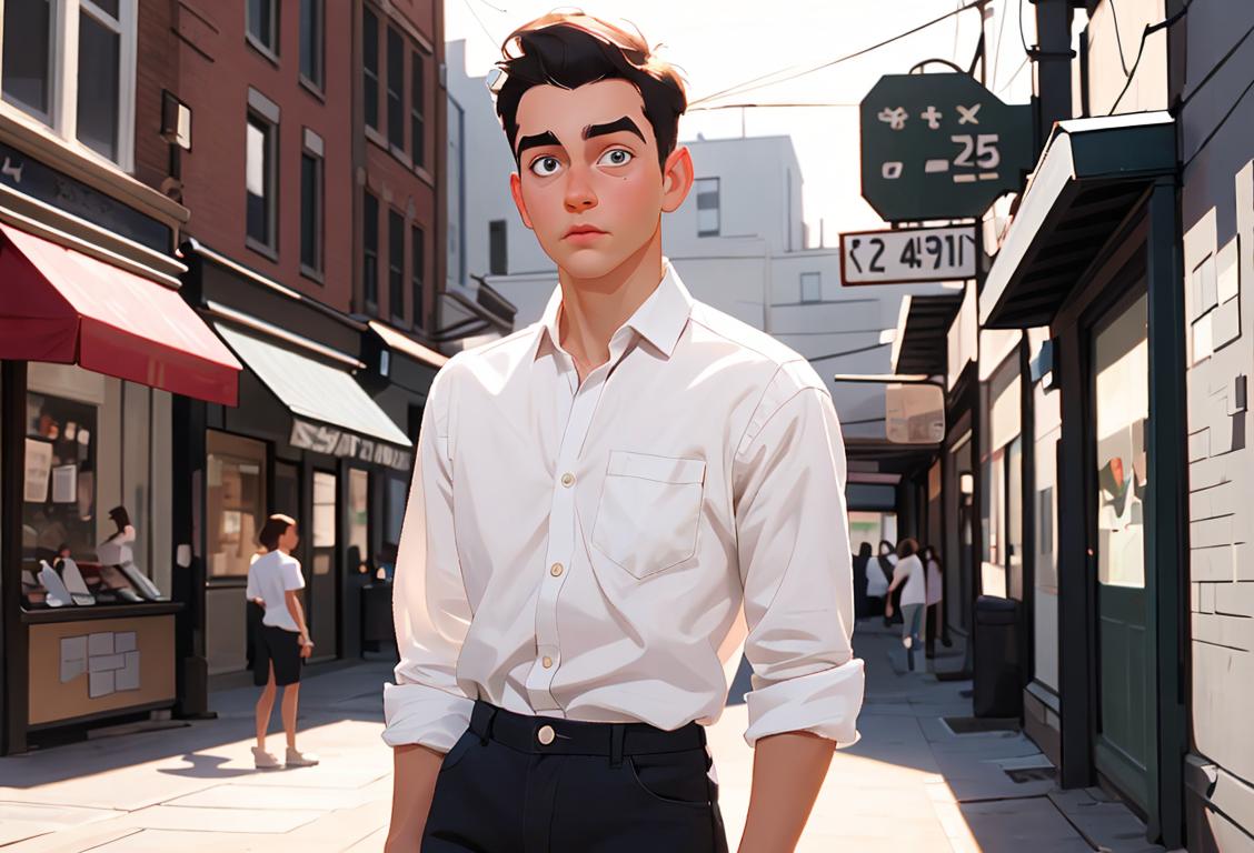 Young adult wearing a crisp white shirt, standing in a trendy urban setting, surrounded by stylish fashion and excitement..