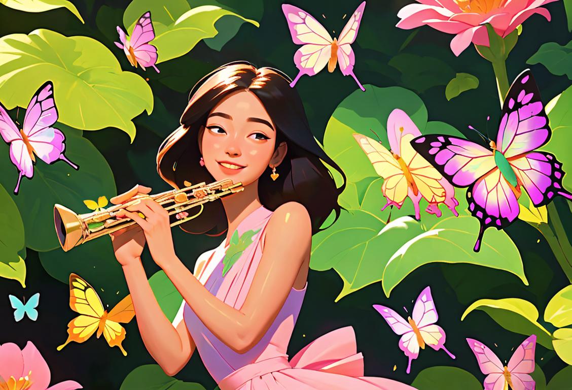 Smiling flutist in a serene garden, wearing a flowy dress, surrounded by colorful butterflies and nature's harmony..