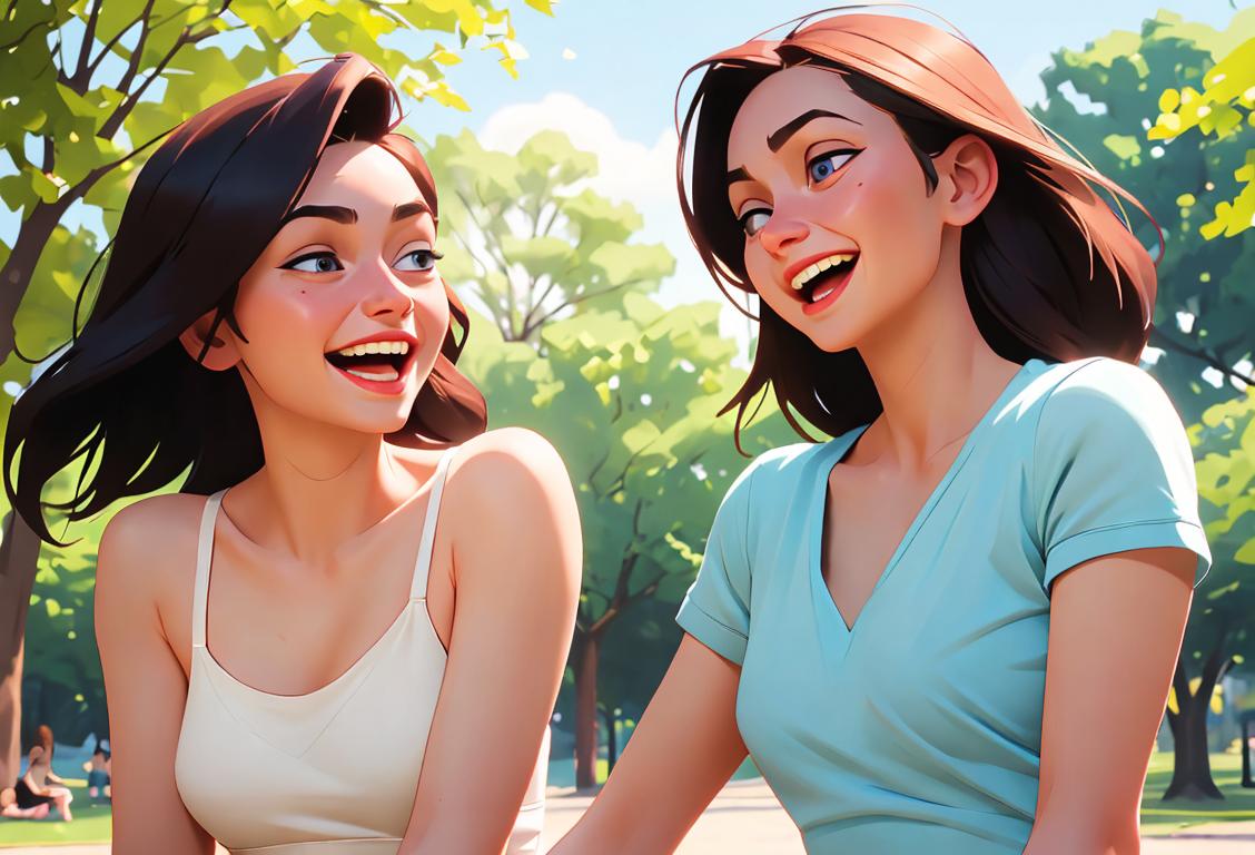 Young women celebrating National No Bra Day, wearing comfortable clothing, laughing together in a park setting..
