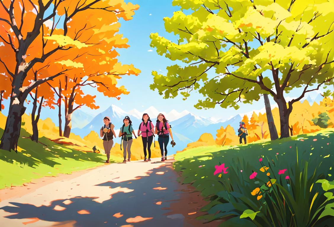 Group of friends hiking in a national park, wearing colorful outdoor gear, embracing the beauty of nature and adventure..