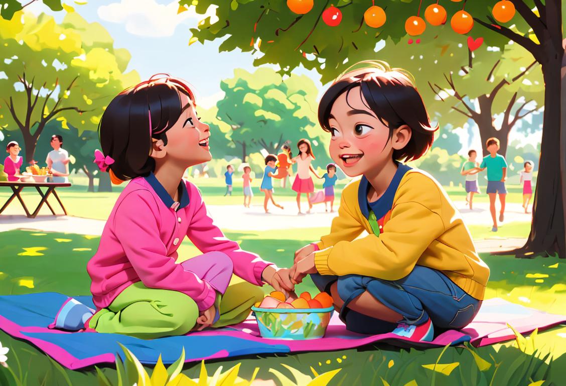 Happy parents, kids smiling, diverse group, outdoor park, picnic, colorful clothing, joyful atmosphere..