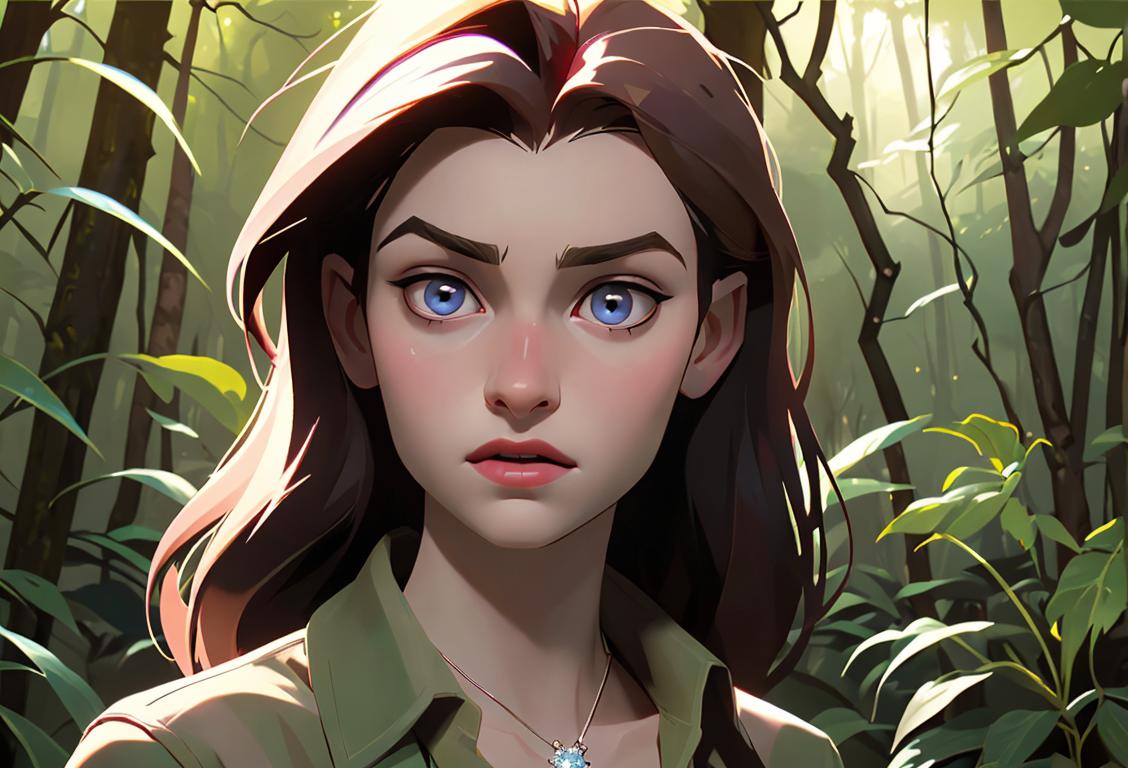 A teenage girl with pale skin and diamond-like sparkles on her face, wearing a flannel shirt and a pendant necklace, in a forest setting..