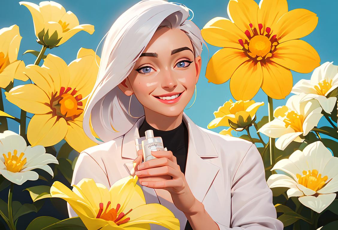 A professional esthetician with a radiant smile, wearing a white lab coat, surrounded by skincare products and bright, happy flowers..