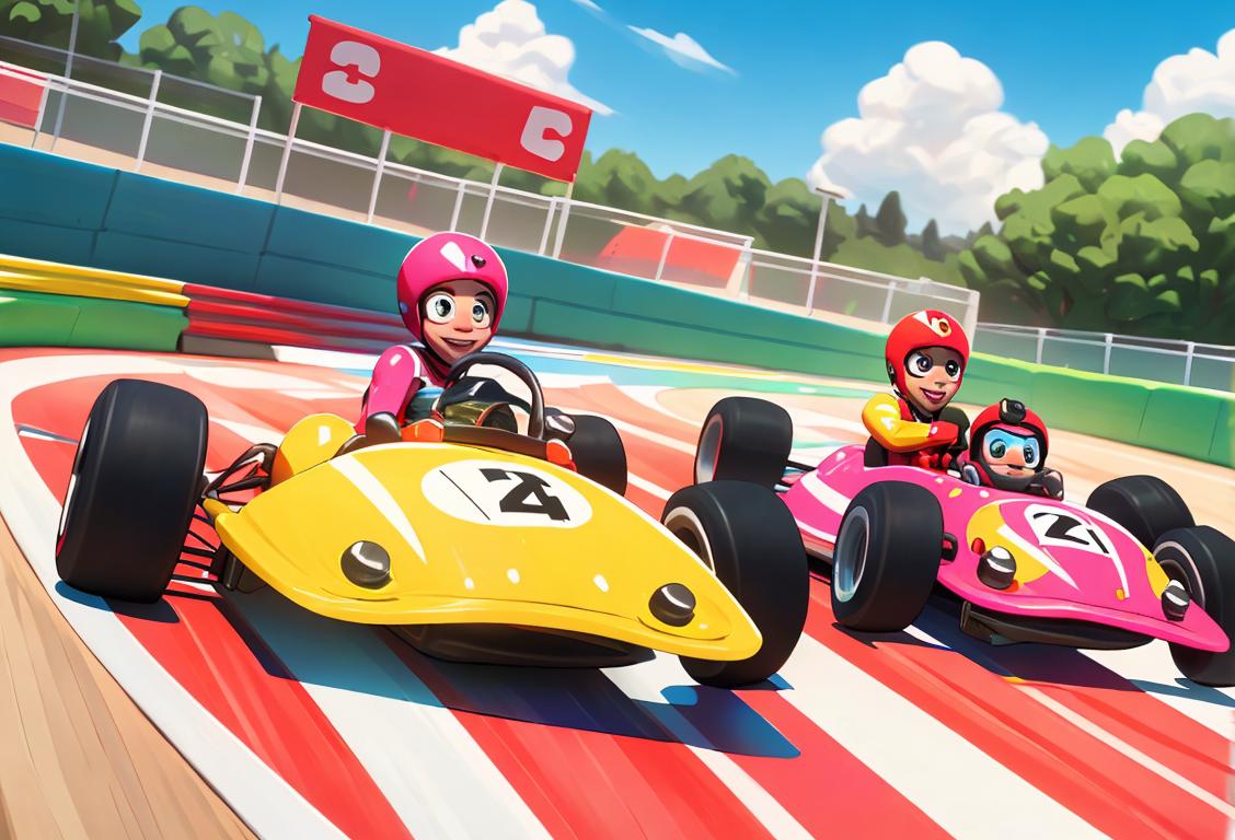 A group of friends wearing bright colored racing suits, racing go-karts around a fun outdoor go-kart track, with cheering spectators in the background..