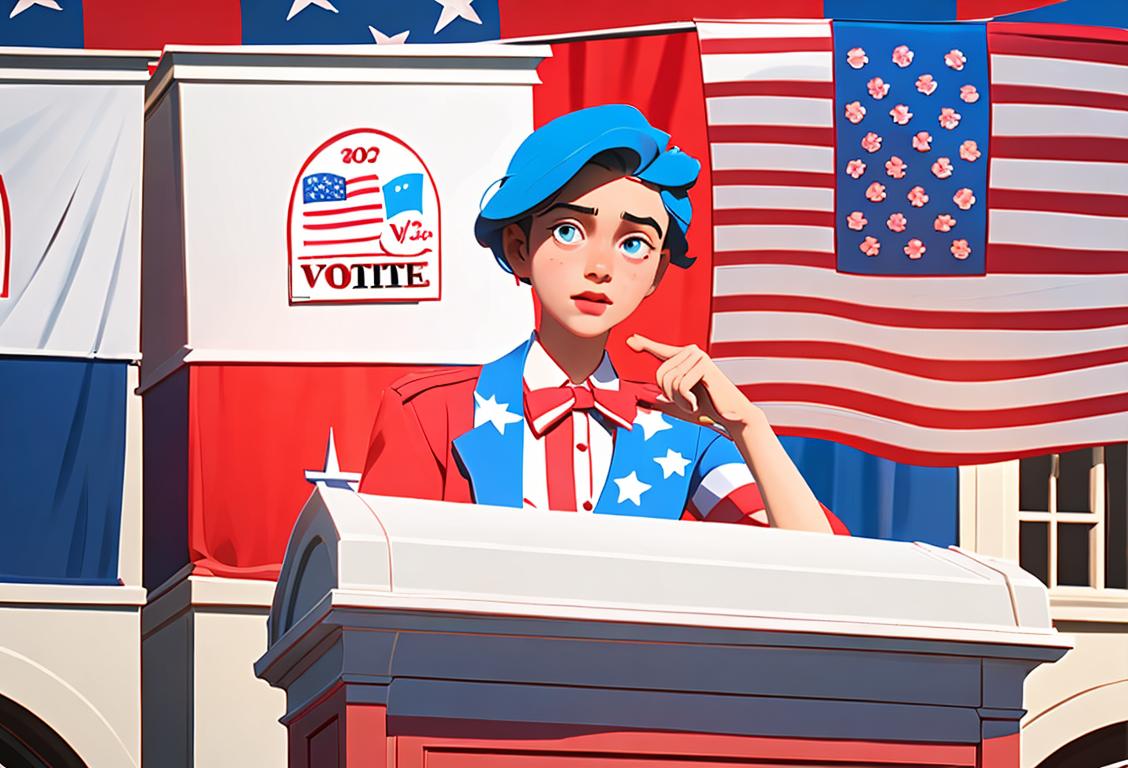 Young person at a registration booth with patriotic decorations, wearing a red, white, and blue outfit, in a bustling city scene..