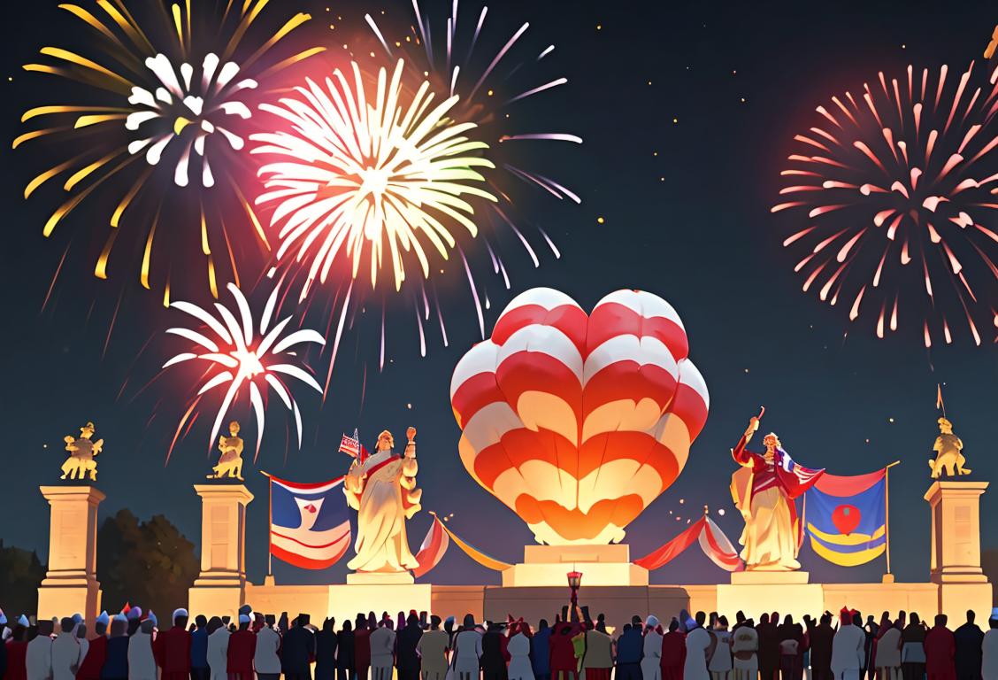 A diverse group of people dressed in patriotic attire, posing in front of a historical monument, with fireworks illuminating the night sky..