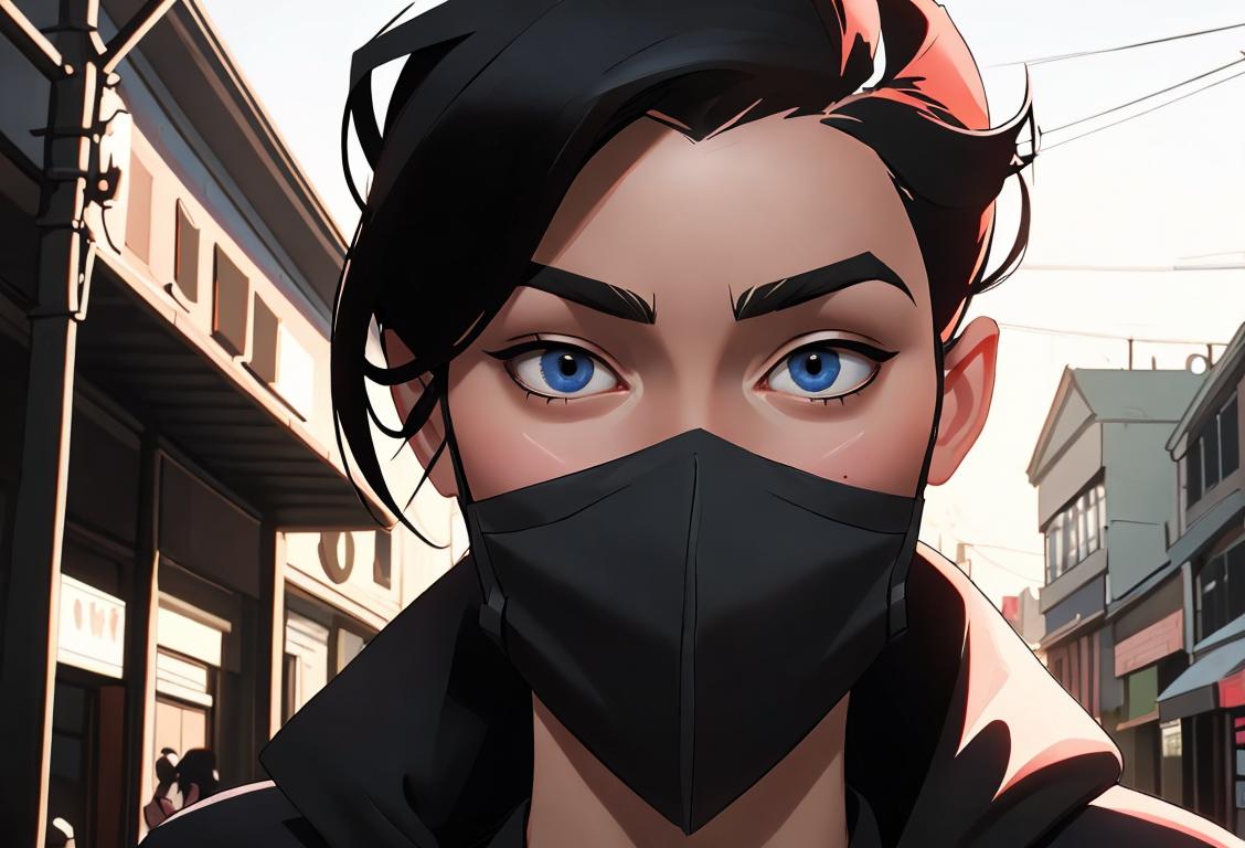 Young adult removing a mask, showcasing a confident smile, wearing casual attire, urban street setting..