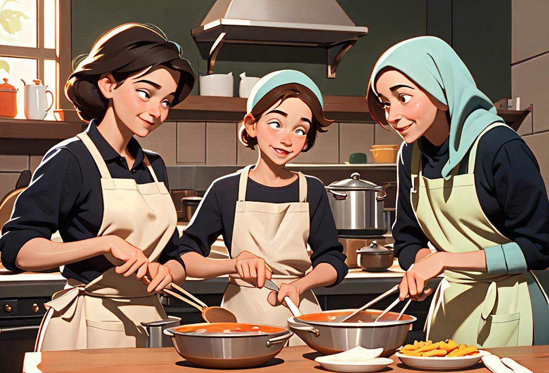 Happy family volunteering at a soup kitchen, wearing matching aprons, cozy kitchen setting with pots and pans..