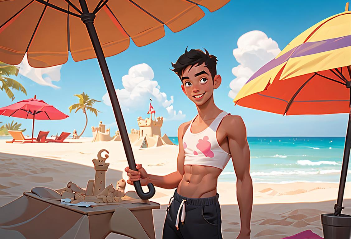 Young man with a playful smile, wearing a crop top, beach setting with colorful umbrellas and a sandcastle..