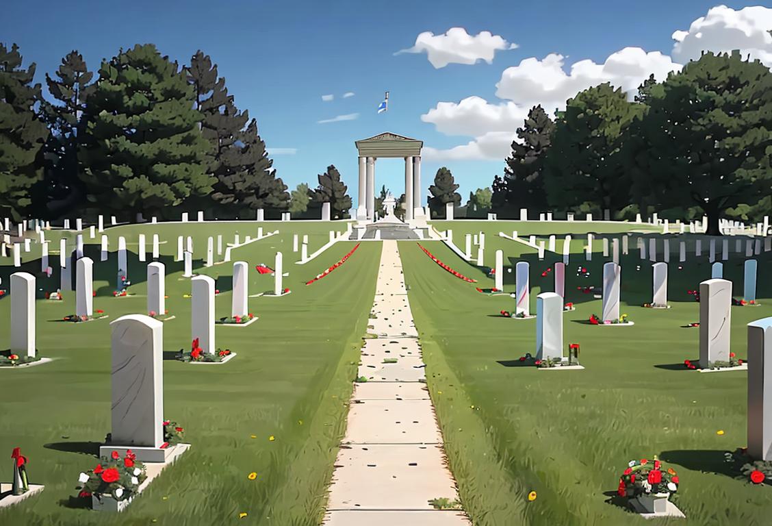 A solemn moment at a national cemetery, with a flag-draped coffin, military honor guard, and families gathered to pay tribute on Memorial Day..