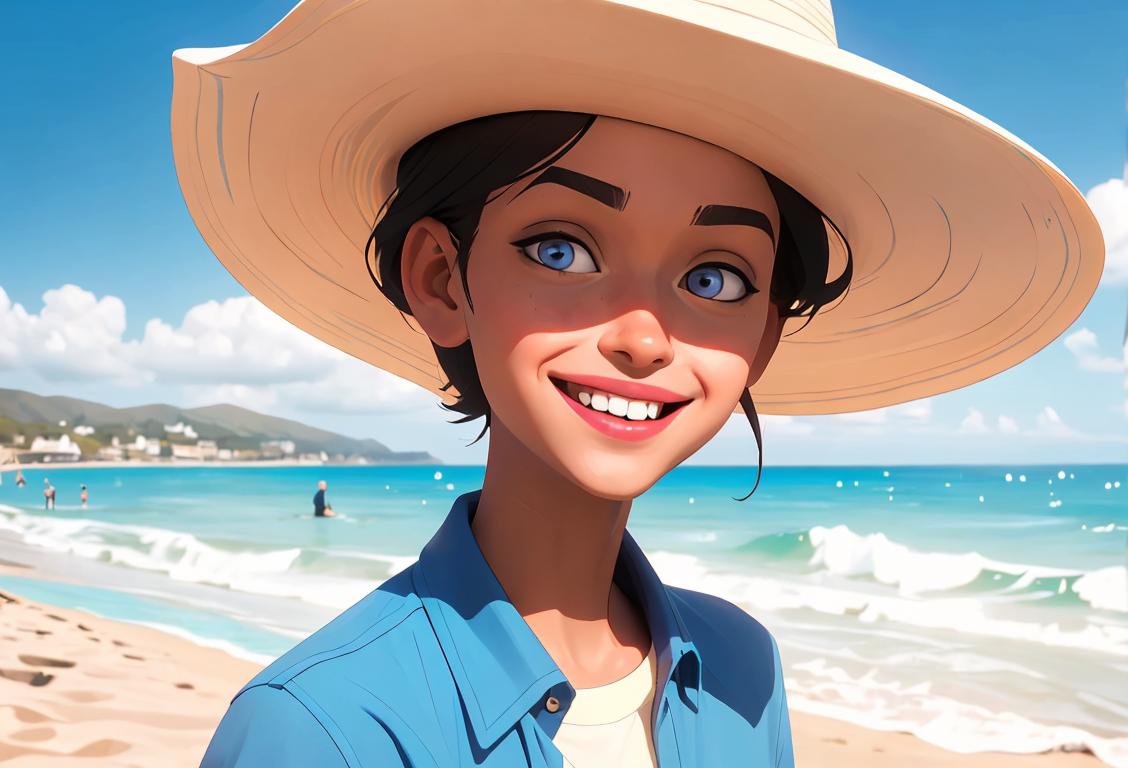 Succinct image prompt: A cheerful person named Jscott, enjoying a sunny day at the beach, wearing a trendy hat and shirt, with a vibrant beach scene in the background..