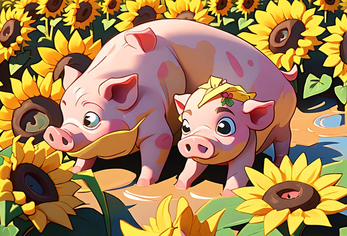 Cute little piglets rolling in the mud, surrounded by sunflowers and wearing colorful bandanas, farm setting..