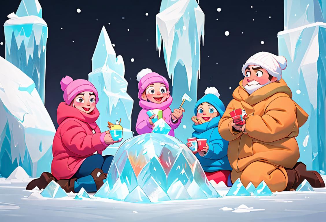 Group of friends having a delightful time, surrounded by colorful ice sculptures and wearing cozy winter attire..
