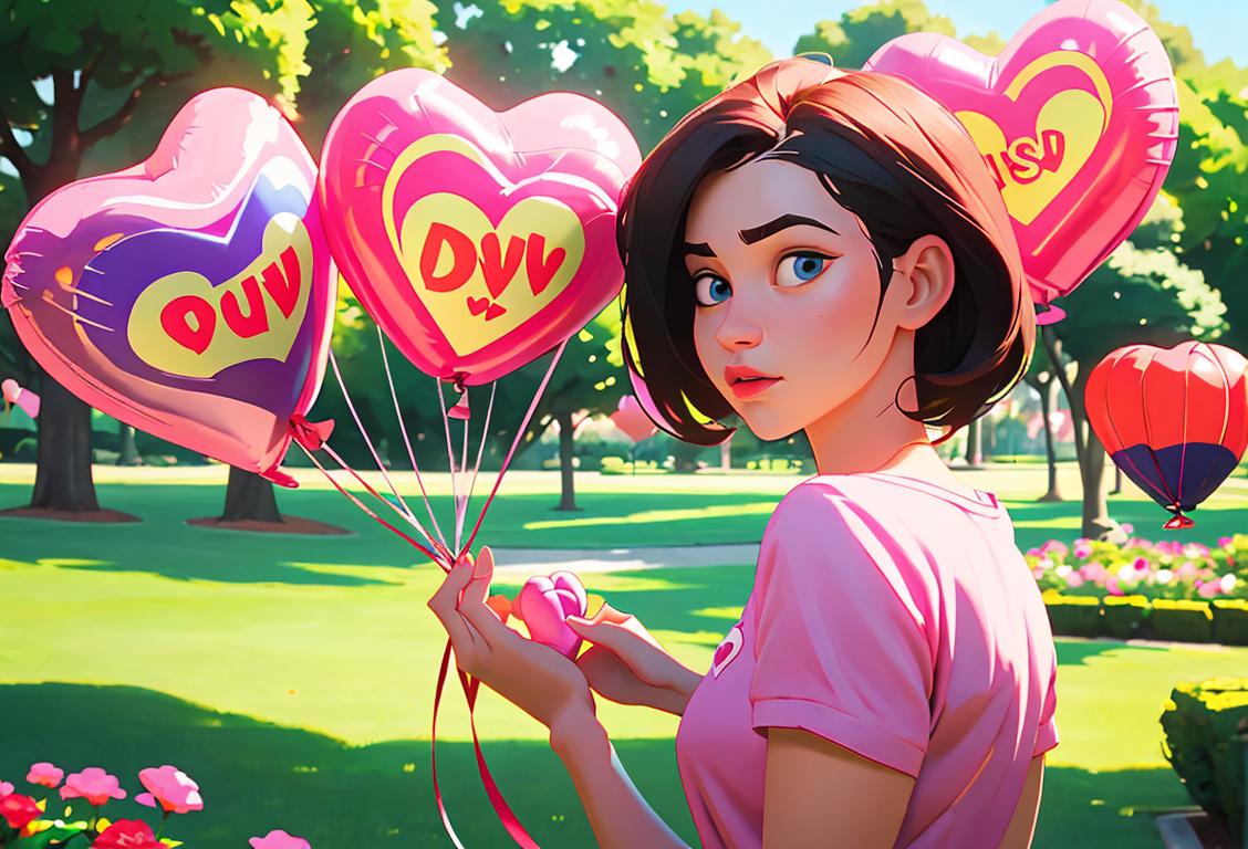Young person nervously holding a heart-shaped balloon, wearing a casual outfit, park setting with blooming flowers..