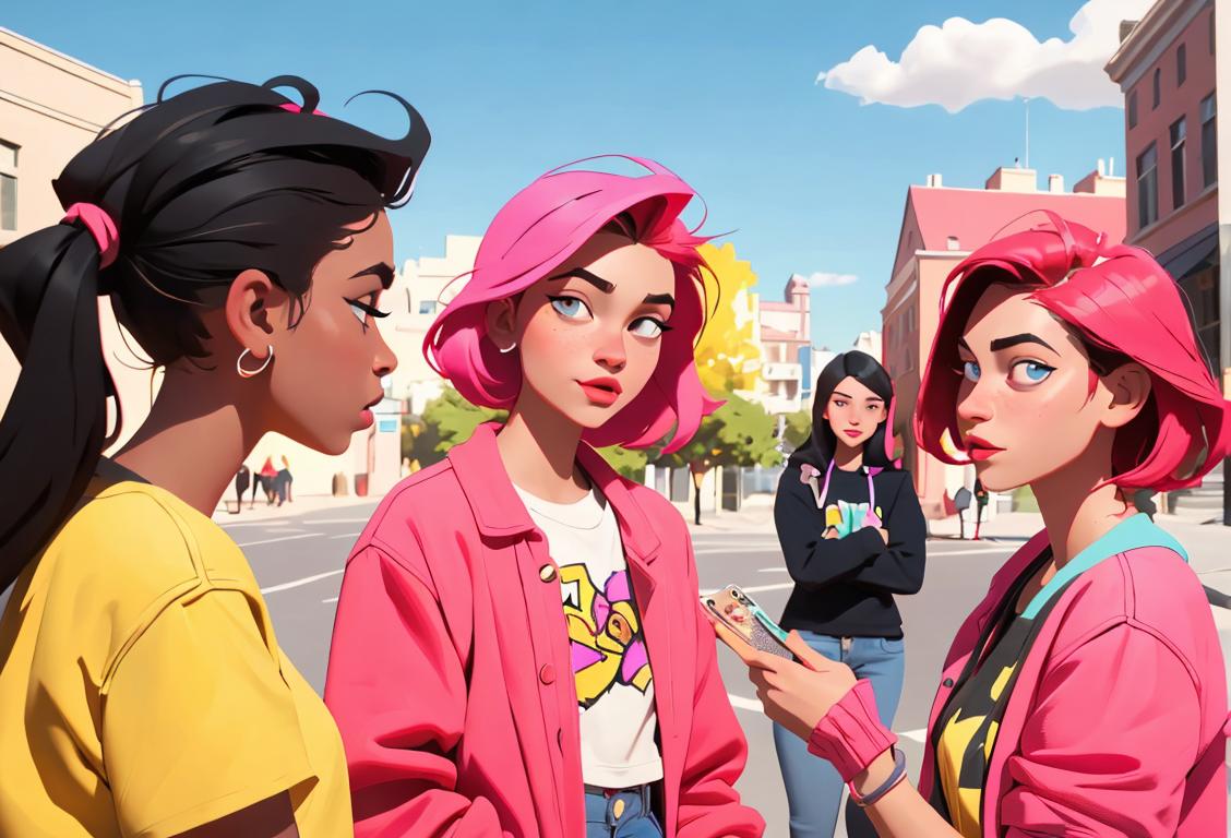 Young person creating a Flipagram, using vibrant photos, outdoor setting with friends, trendy clothes and accessories..