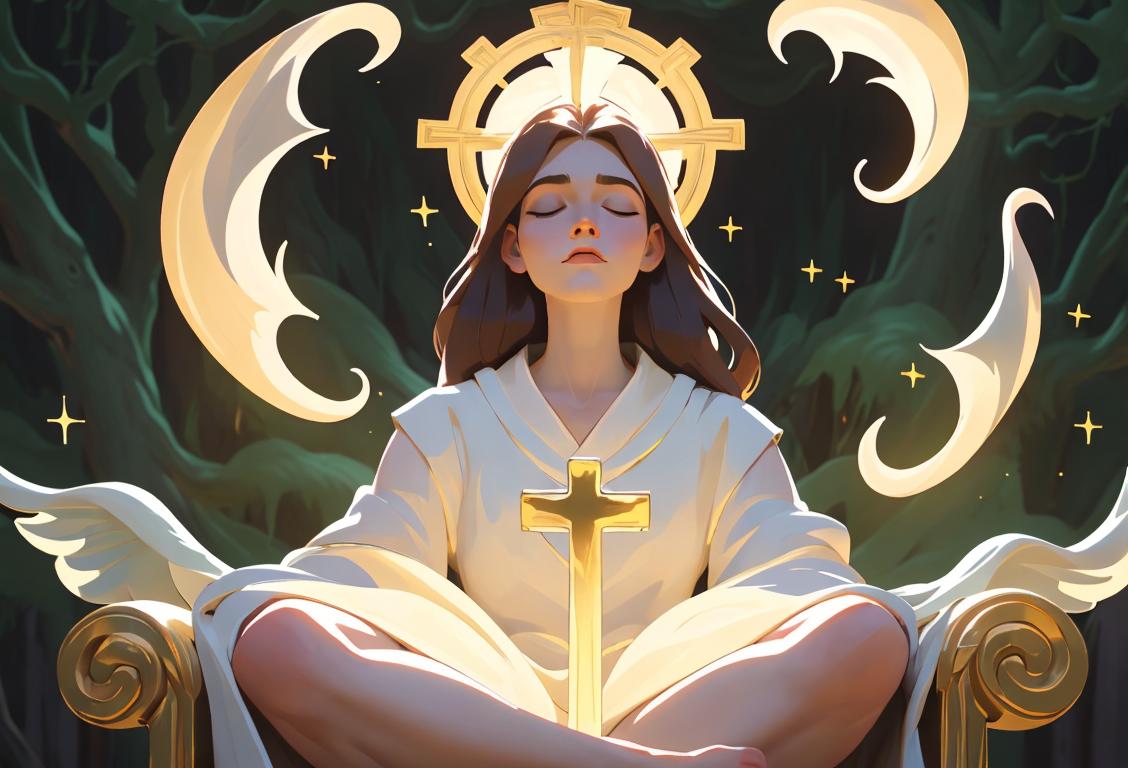 A person with closed eyes, surrounded by a celestial aura, wearing flowing robes, sitting cross-legged in a mystical forest..