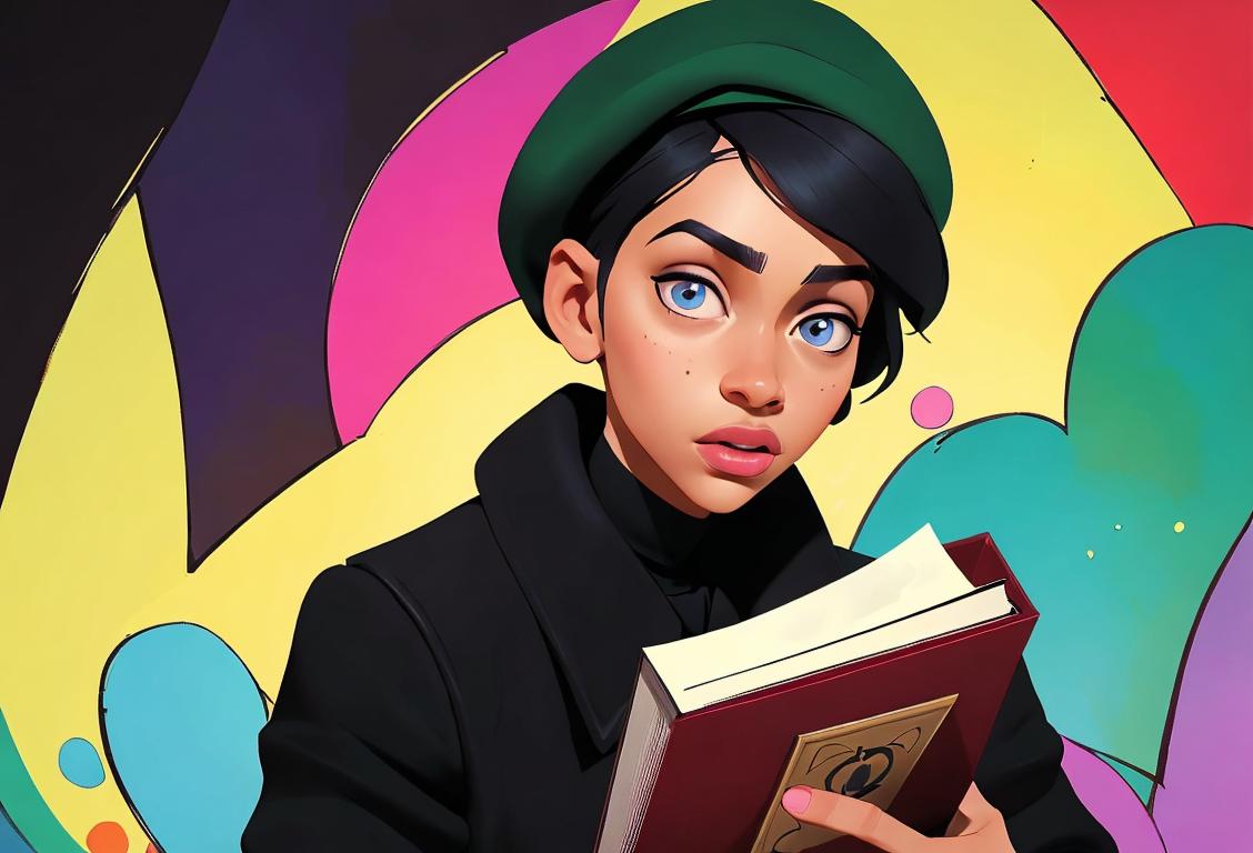 A young black poet, wearing a stylish beret, holding a book of poetry, surrounded by a backdrop of vibrant colors..