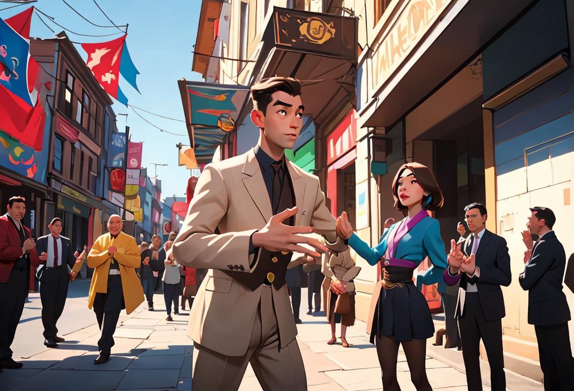 Young man confidently shaking hands with a diverse group of people in a vibrant, multicultural city setting..
