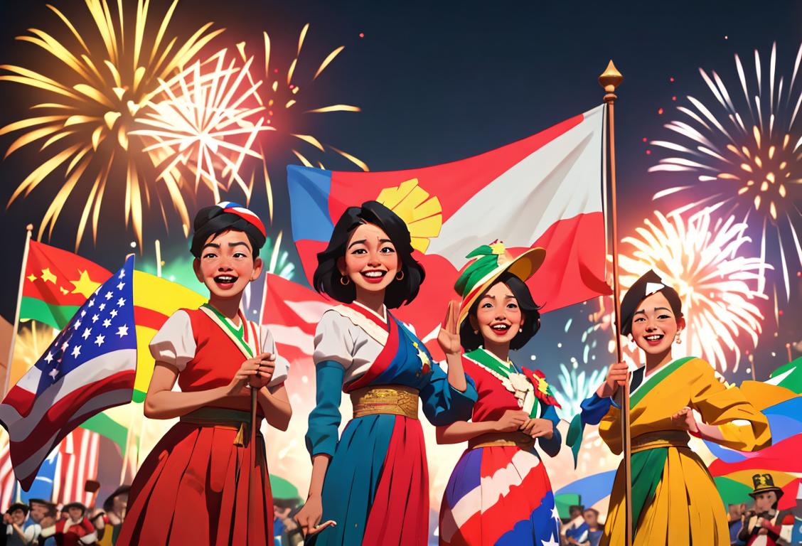 A diverse group of joyful people waving national flags, dressed in traditional attire, celebrating with colorful parades and fireworks in a lively city setting..