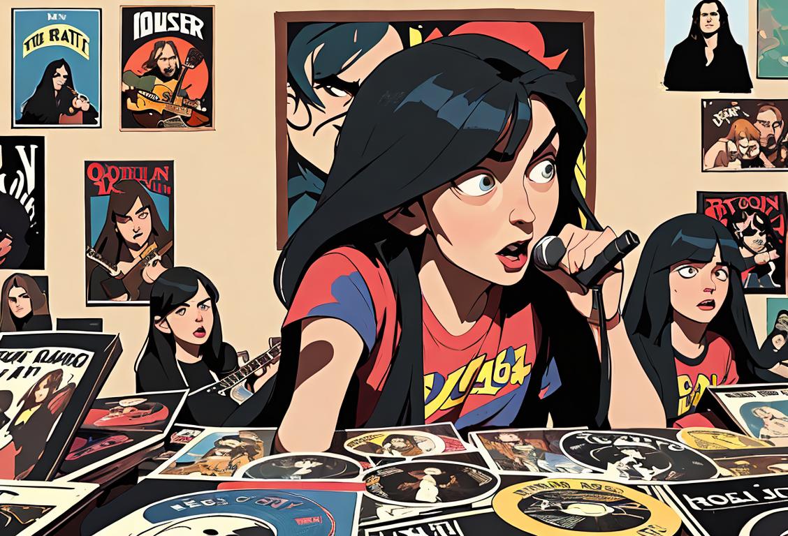 A group of people with long hair and classic band t-shirts, rocking out on guitars, surrounded by vinyl records and old concert posters..