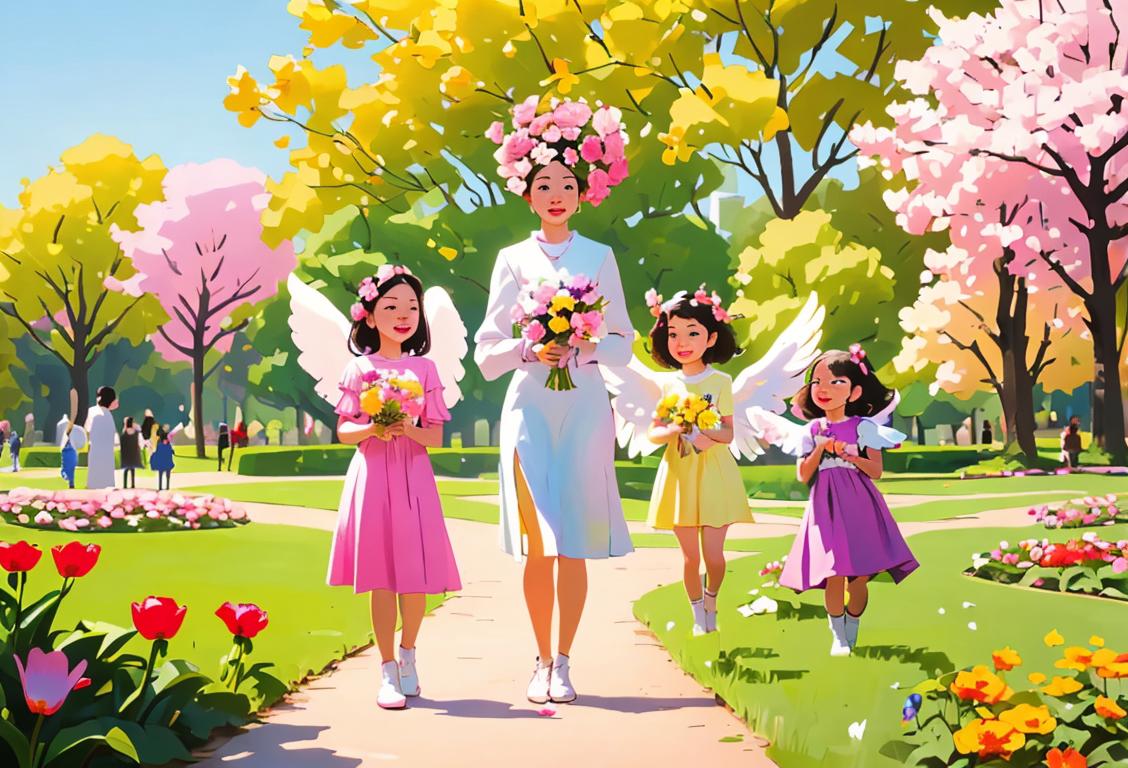 A group of diverse people spreading kindness, dressed in vibrant clothing, in a park full of blooming flowers..