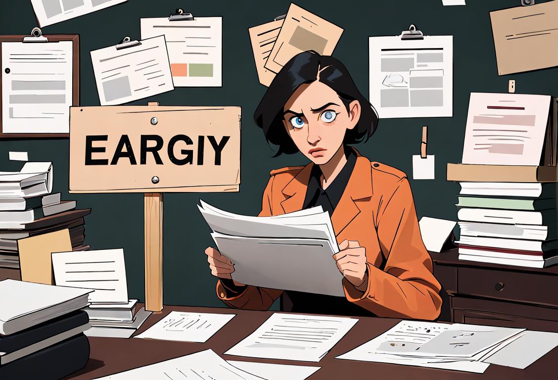 A person in casual attire holding a felt emergency sign, surrounded by stacks of paperwork and a busy office background..