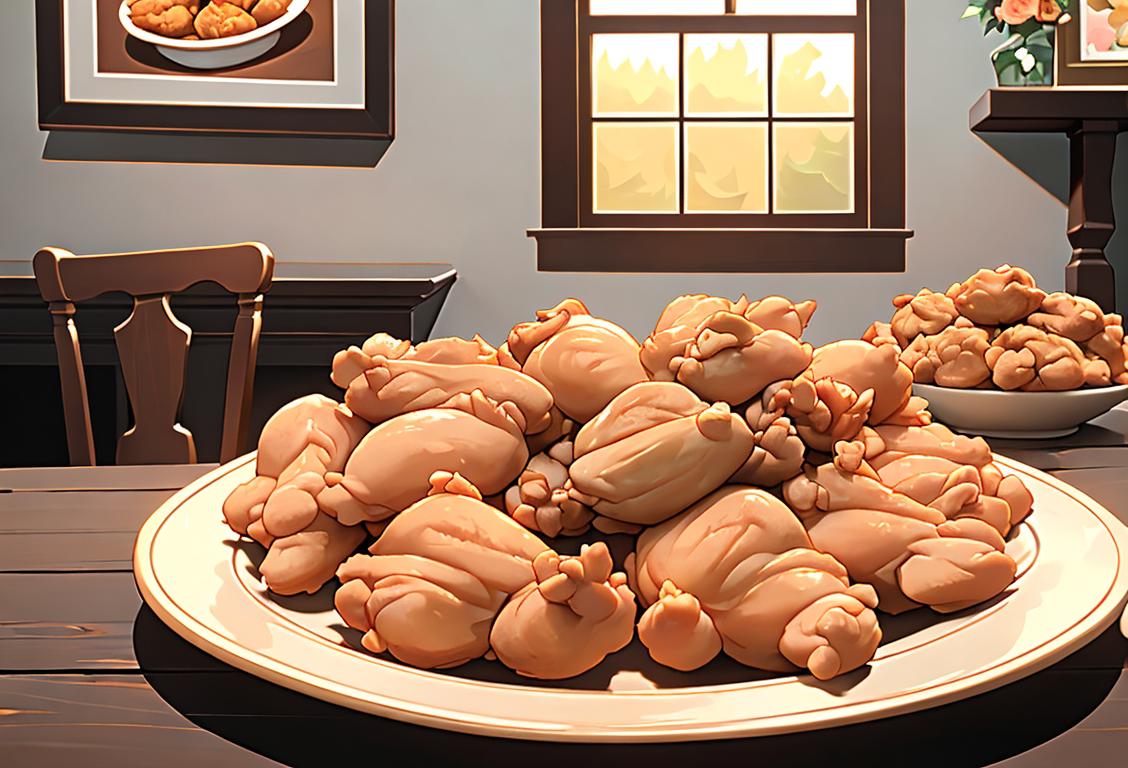 A smiling family gathered around a table, enjoying a platter of golden crispy fried chicken. Cozy farmhouse setting with vintage dinnerware and rustic decor..