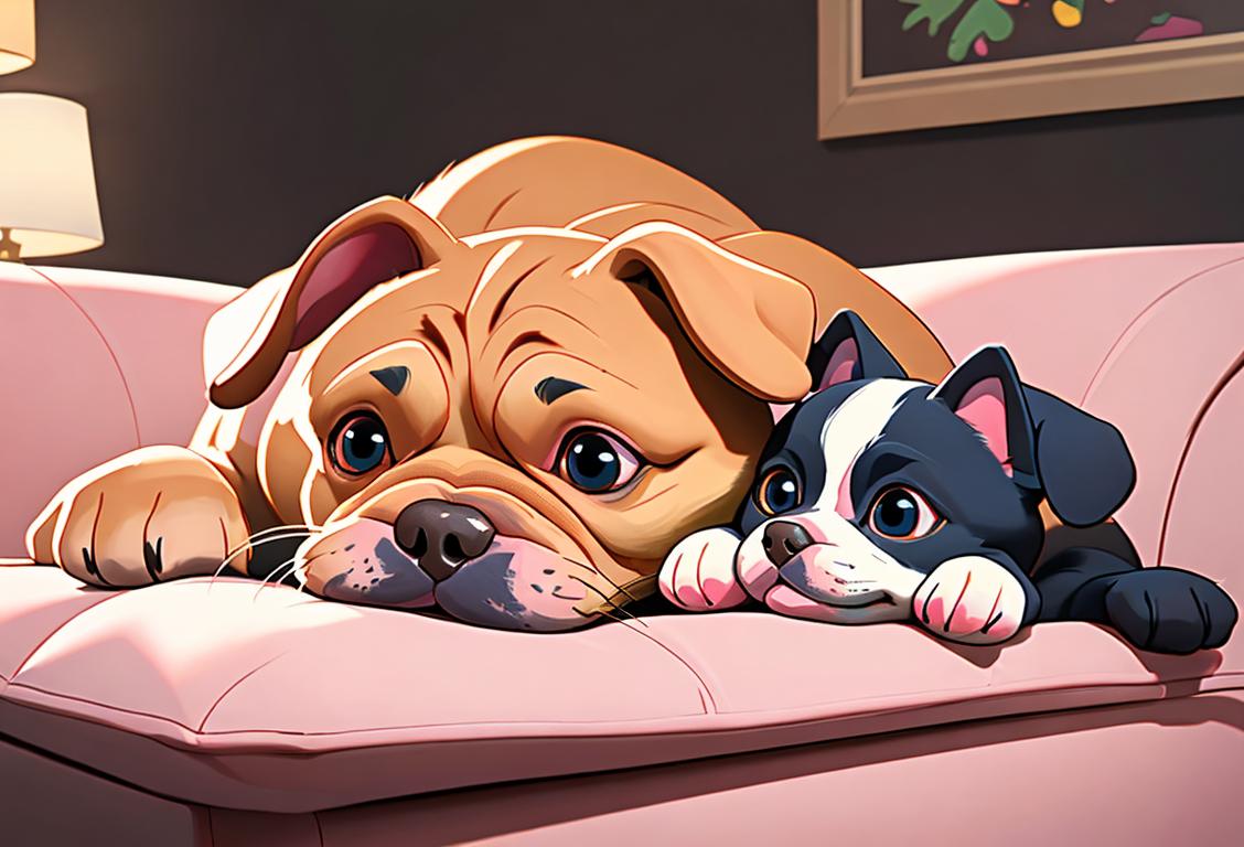 Cute dog and cat snuggling together on a cozy couch, surrounded by colorful pet toys and a heartwarming atmosphere..
