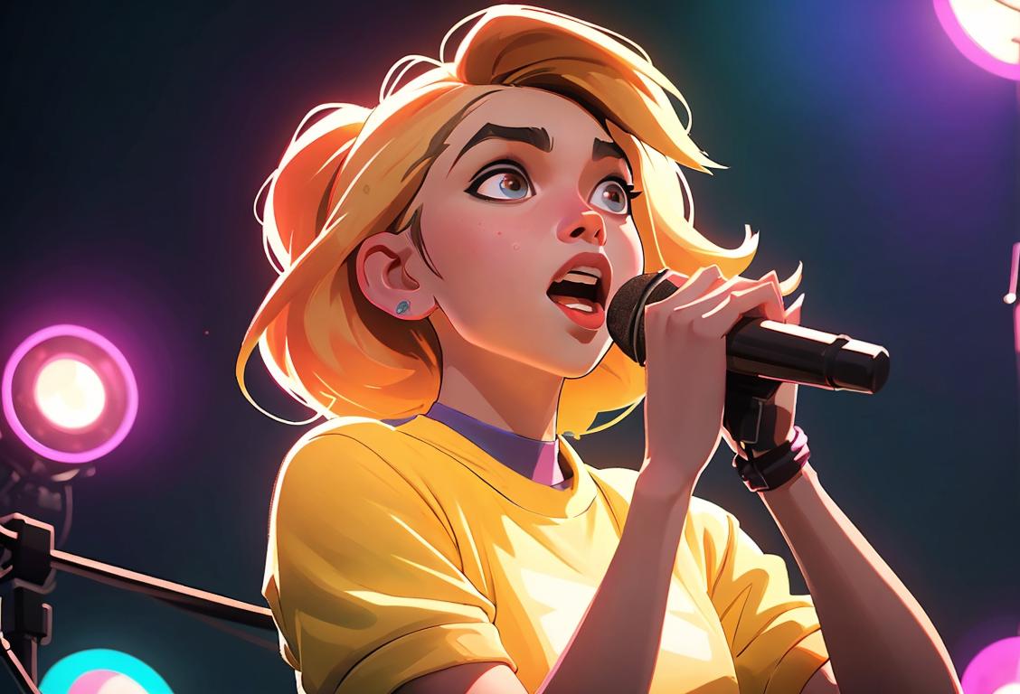 Young woman singing on stage, colorful lights flashing, pop star outfit, energetic crowd cheering..