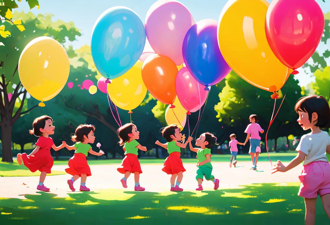 A group of children holding colorful balloons, playing in a park, wearing casual and playful outfits, surrounded by a joyful atmosphere..