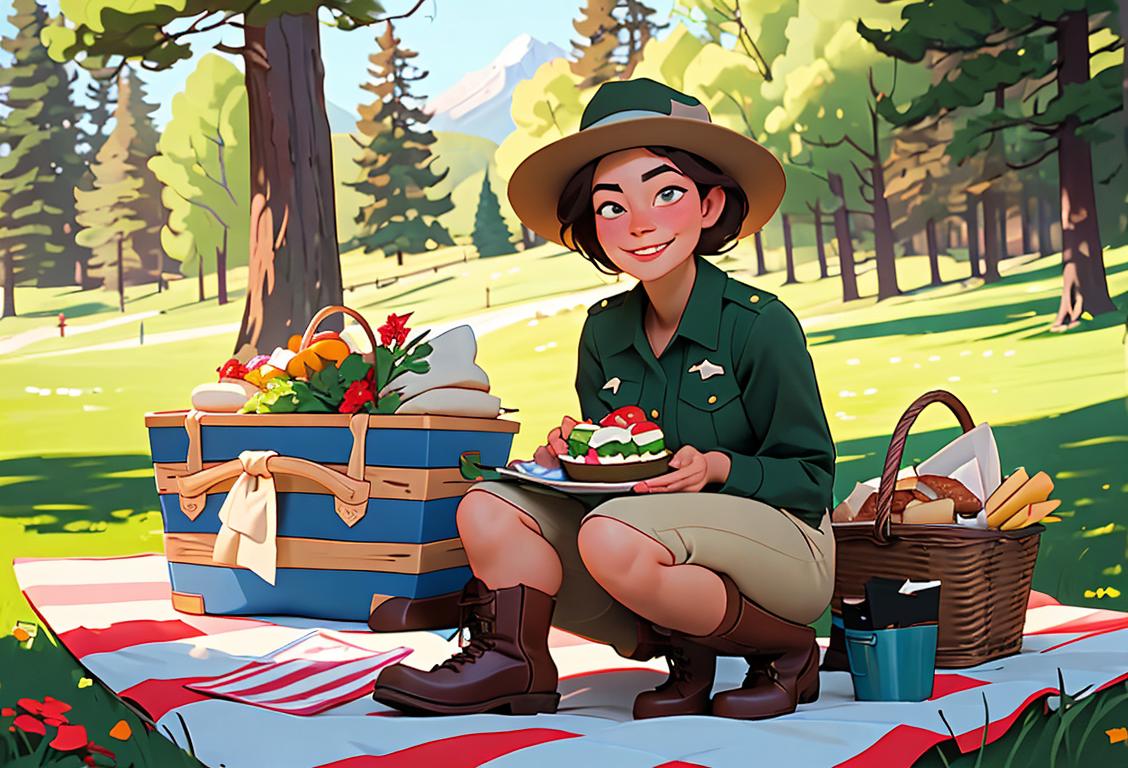 Smiling national park ranger wearing a hat, surrounded by picnic baskets, hiking boots, and red, white, and blue decorations..