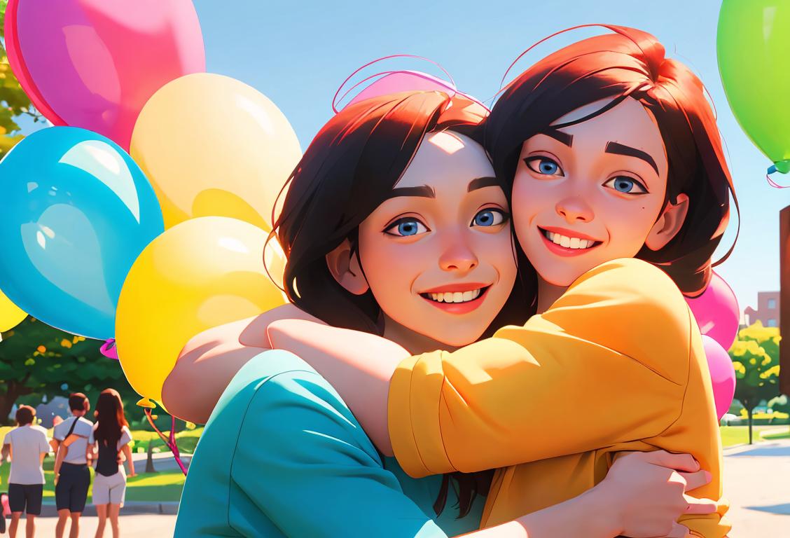 Group of diverse people in casual clothing smiling and hugging, set against a sunny park backdrop, with colorful balloons in the air..