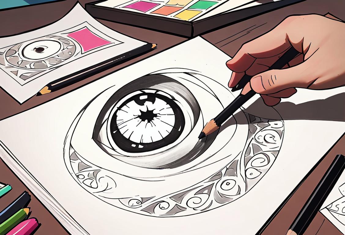 Close-up of a hand holding a pencil, drawing intricate patterns on a blank piece of paper. Brightly colored artistic supplies scattered in the background, creating a joyful and creative atmosphere..