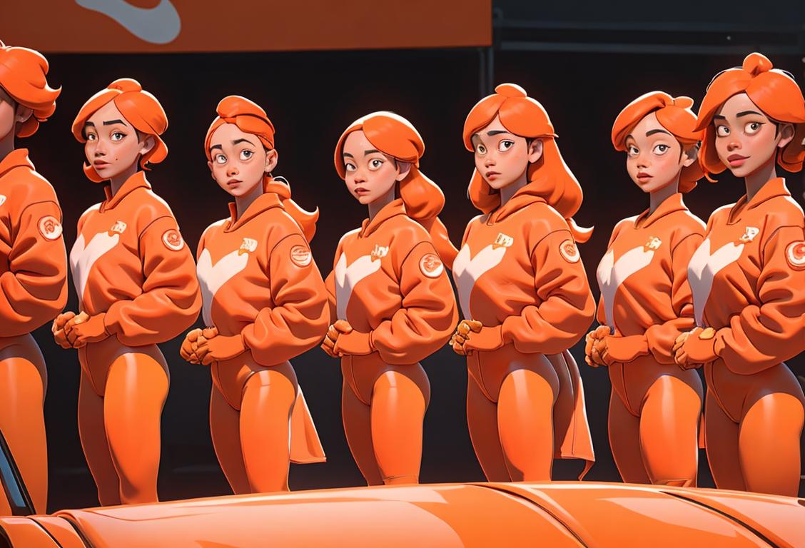 A diverse group of people wearing various orange garments, representing different styles and scenes, celebrating National Wear Orange Day..