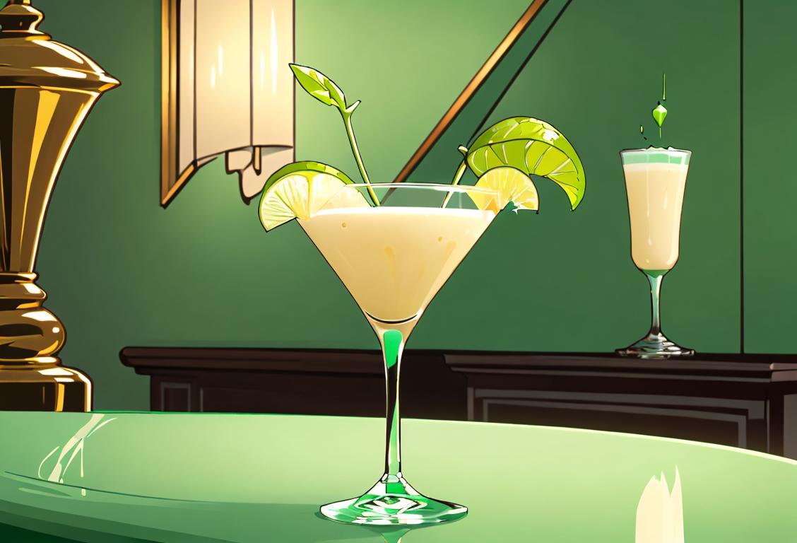 An elegant glass filled with vibrant green crème de menthe, adorned with a sprig of fresh mint. A classy celebration in a stylish cocktail setting..